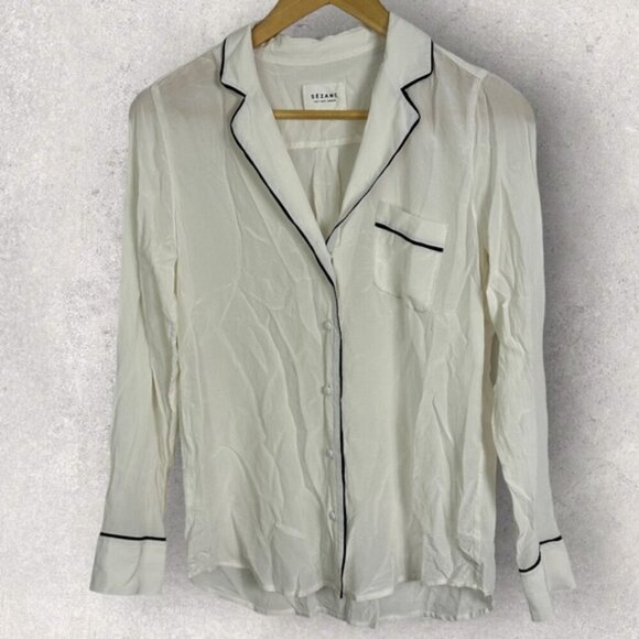 Sezane 100% Silk Elisa Black Ecru White Size 36 French / US 4 Button Top Blouse - Picture 5 of 14